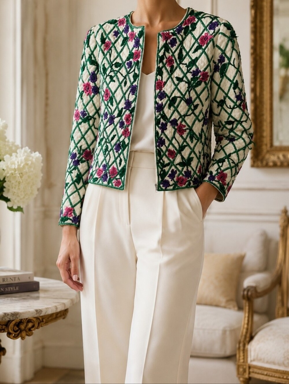 Oscar de la Renta Ivory Embroidered Floral Jacket